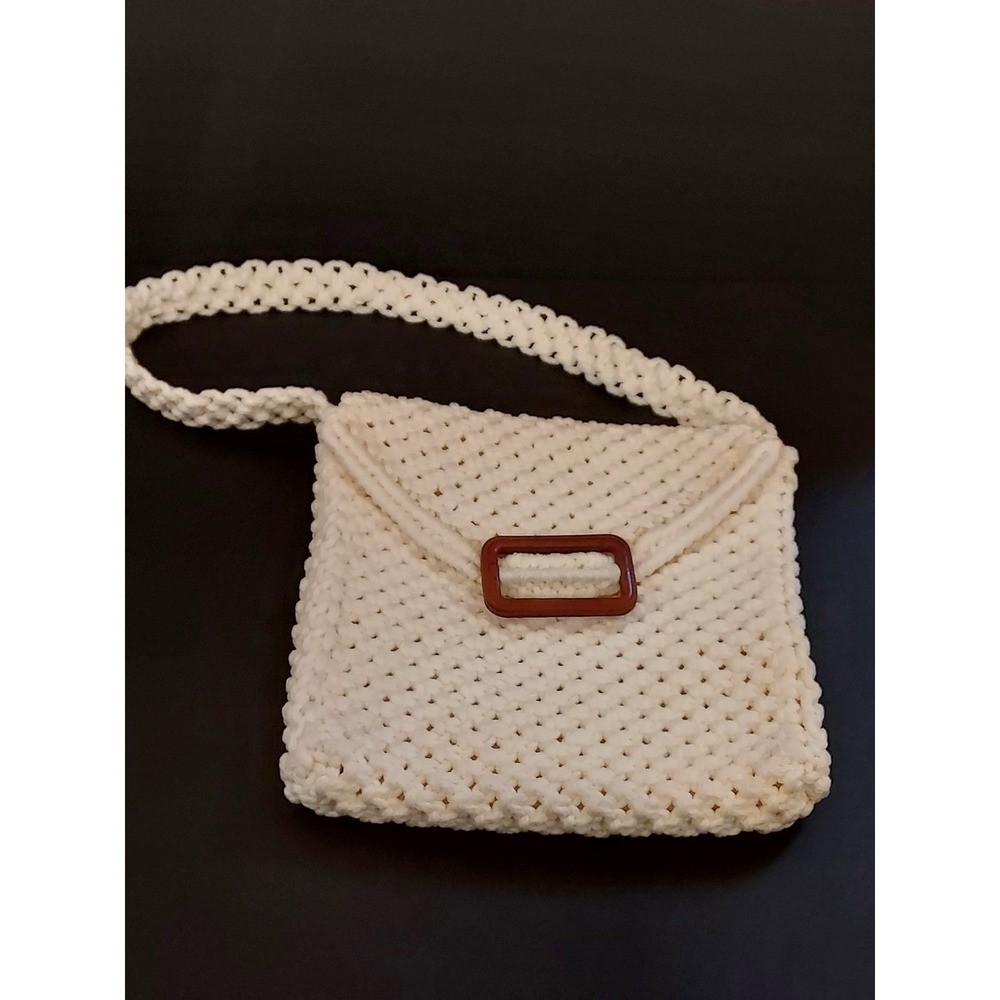 Handmade Knit Crochet Bag Purse with Wood Flap Decor Spring Festival Sunday Brun
